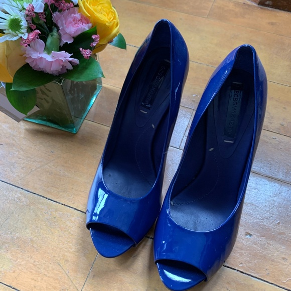 BCBG Patent Leather Blue Peep Toe Heels - Picture 2 of 6